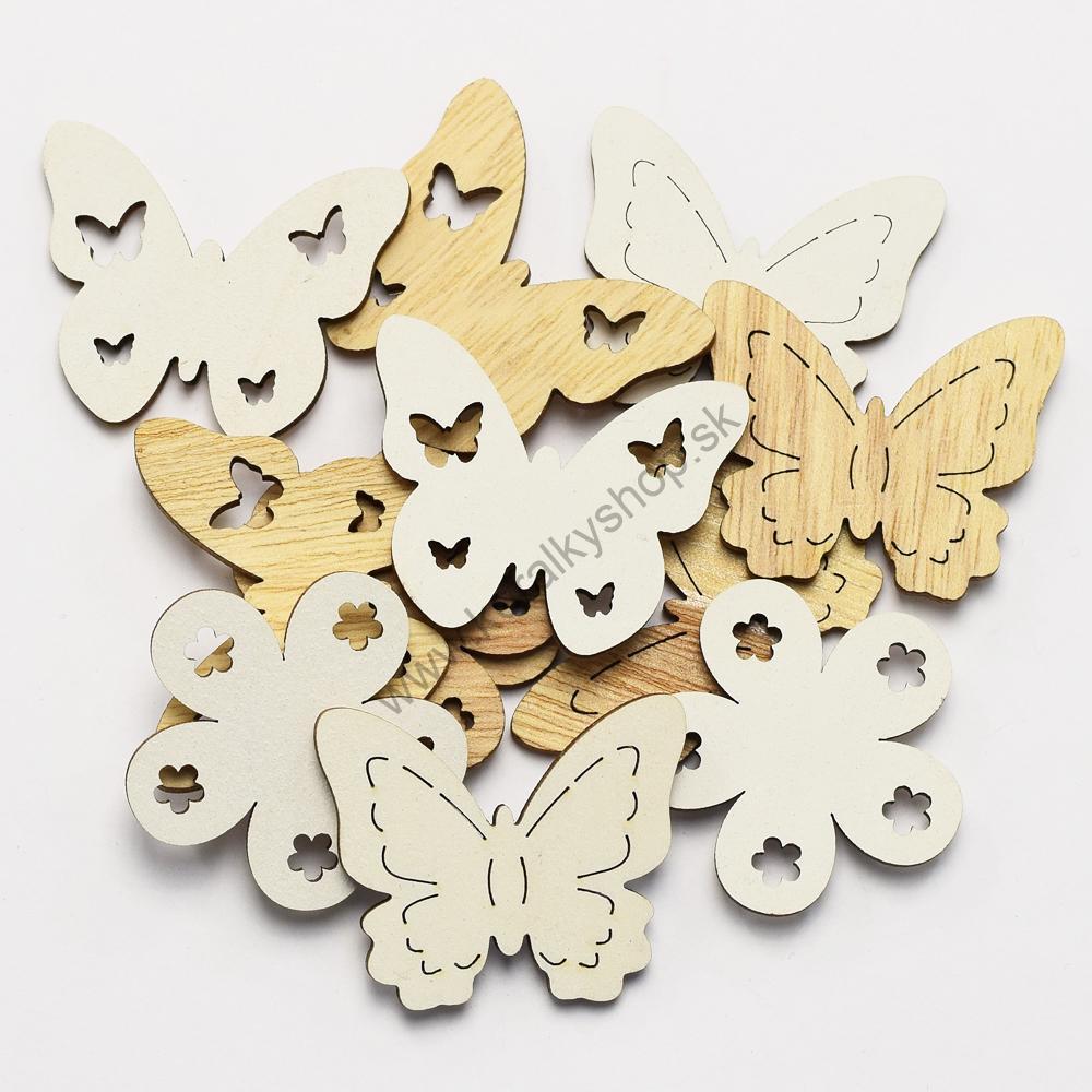 Drevený výsek - motýľ, kvety - cca 4 cm - 12 ks