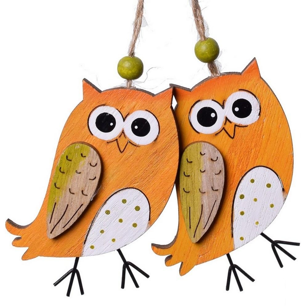 Drevená dekorácia - sova - 5,5 x 8 cm - oranžová - 2 ks