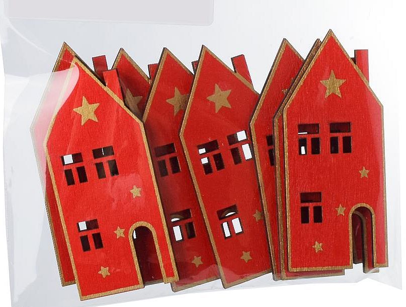 Drevený samolepiaci domček - 3 x 7 cm - červená - 8 ks