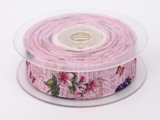 Ripsová stuha kvetinový vzor - 25 mm - ružová - 1 m
