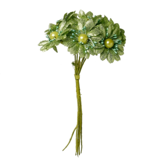 Textilné kvietky - chryzantéma - pr. cca 4 cm - zelená - 1 zväzok/ 6 ks
