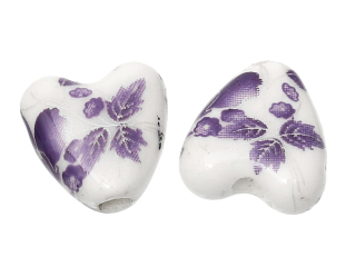Porcelánová korálka srdce pr. 14 mm - fialová - 1ks