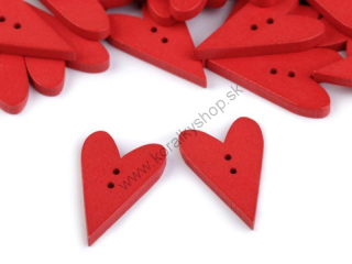 Drevený dekoračný gombík - srdce - 15x23x3,5 mm - červená - 1 ks