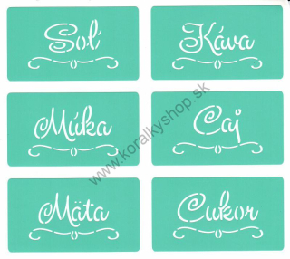 Samolepiaca šablóna - 9x5 cm - nápisy 6 v 1 (soľ, múka, čaj...)