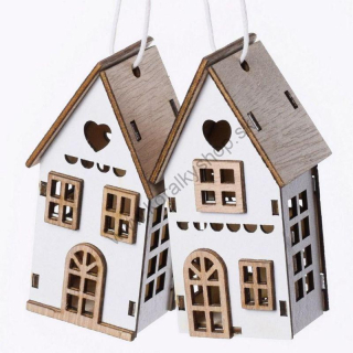 Drevený záves - domček 3D - 4x7,5x3 cm - biela, prírodná - 2 ks