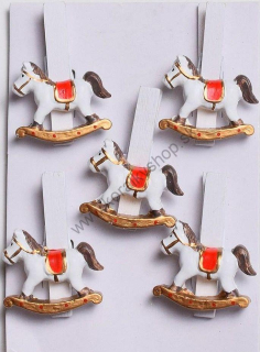 Koník na štipci - dekorácia - 3,2 x 5 cm - biela/zlatá - 5 ks