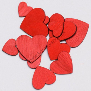 Drevená dekorácia - srdce - 4,5 až 2,5 cm - červená - 12 ks