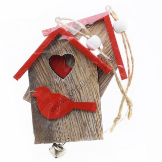 Drevená dekorácia - vtáčia búdka - 7 x 8,5 cm - červená - 2 ks