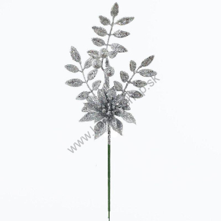 Vianočná ruža gliter - strieborná - 35 cm - 1ks