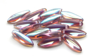Sklenená korálka jazýček -16x5mm - fialová s AB  - 10 ks